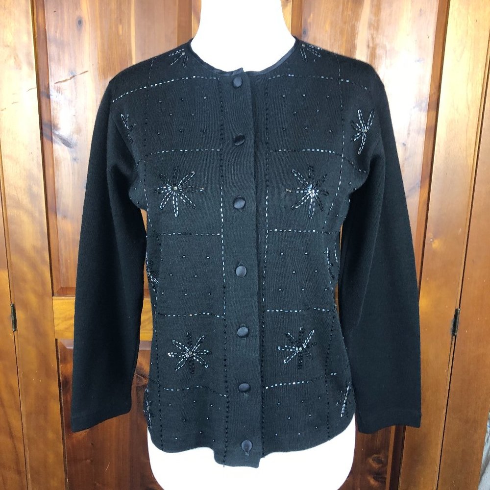 Douglas Vintage Blk Pure Wool Sequined Ornate Button Front Sweater Quiet Luxury